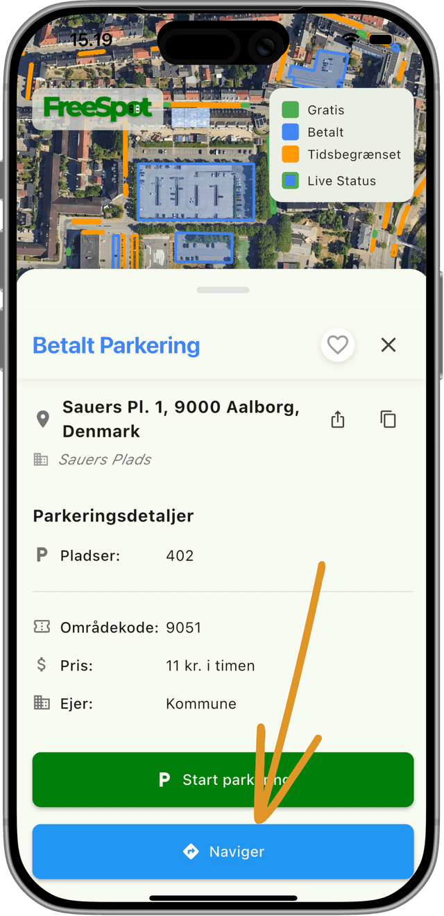 FreeSpot app – start navigation direkte til parkeringspladsen