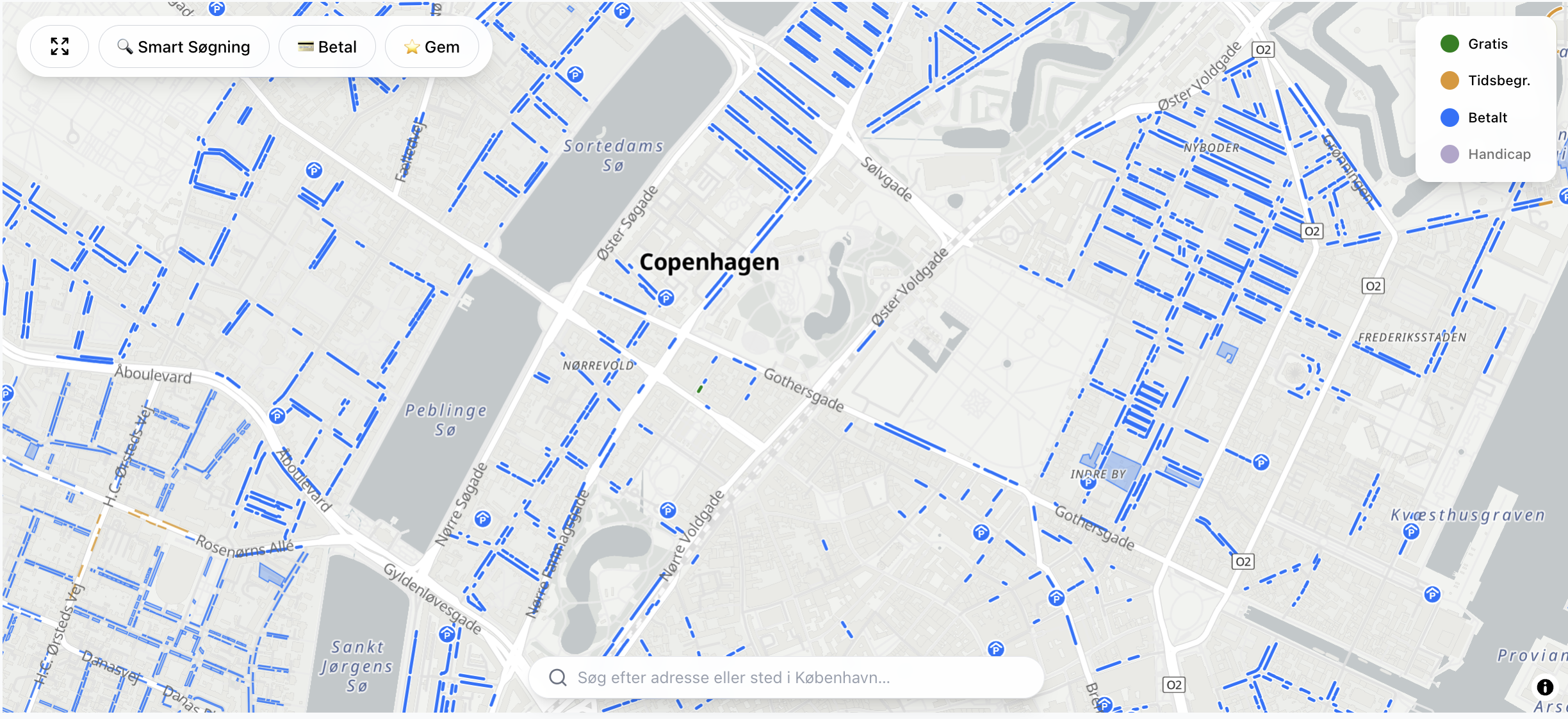FreeSpots kort over parkeringspladser omkring Indre By, Nørrevold og søerne i København