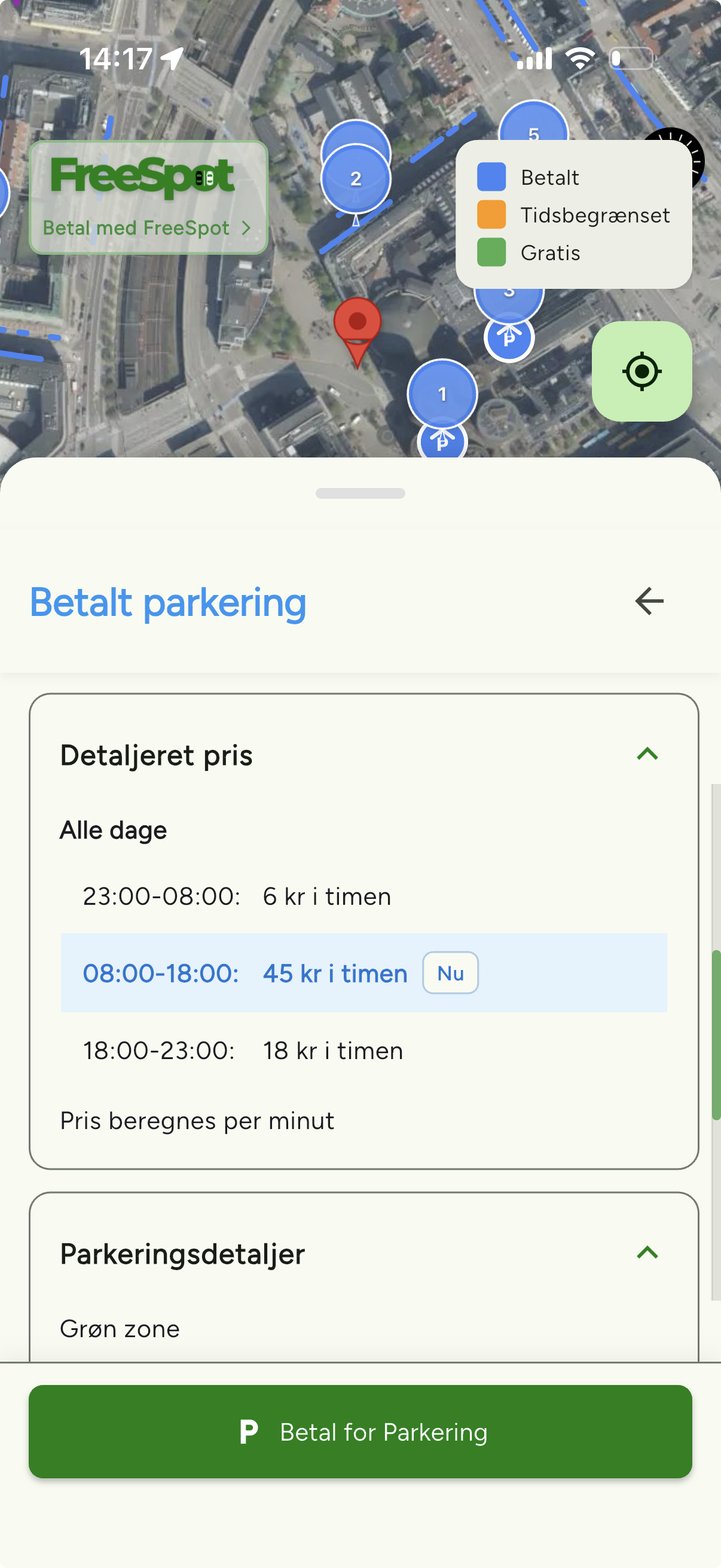 Prisoversigt i FreeSpot: 6 kr. i timen om natten, 45 kr. om dagen, 18 kr. om aftenen
